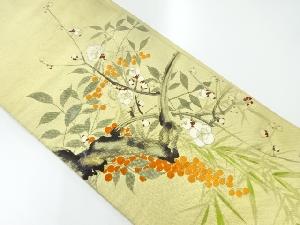 アンティーク　枝梅に南天・草葉模様刺繍丸帯（材料）